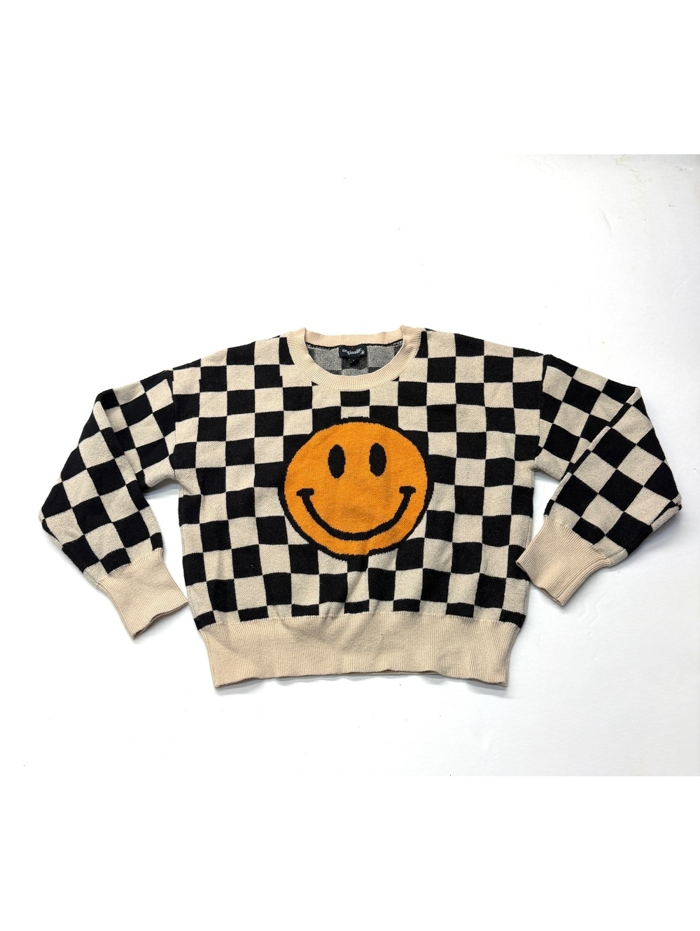 Originality Checkerboard Knit Sweater Smiley Face Retro Pullover Size Large Kids